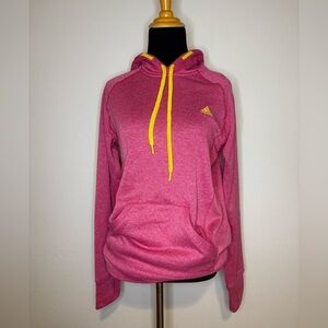 Adidas Women's Pink Hoodie with Yellow Accents Size Medium